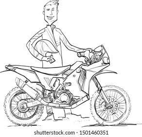 Funny one-color drawing of a young man standing with a motorcycle. 