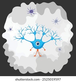 Divertido personaje de dibujos animados de neurona nerd de un ojo de pie dentro de la célula cerebral con células de la glía volando. Concepto de funcionamiento cerebral. Ilustración Abstractas de la neurona cerebral humana.