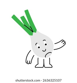 Funny onion character is smiling and hand waving. Fresh organic vegetables. Healthy eating. Vector illustration.