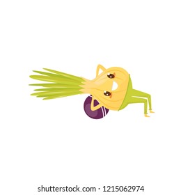 Funny onion exercising with ball, sportive vegetable cartoon character doing fitness exercise vector Illustration on a white background
