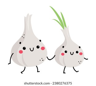 Graciosa Onion y personaje de la vegetación de ajo sostienen manos con una atractiva ilustración de vectores faciales sonrientes