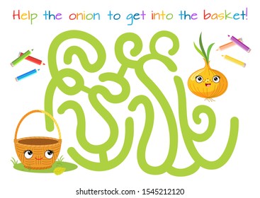 Funny onion. Maze. Coloring book. Educational game for children. Cartoon vector illustration