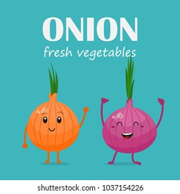 Funny onion, poster, fresh vegetables. Onion with nature , the harvest. cartoon. Vector.