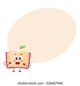 Funny open ABC book character with surprised face expression, cartoon vector illustration on background with place for text. Primary school abc textbook, shocked or surprised, school, education