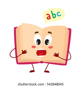 Funny open ABC book character with surprised face expression, cartoon vector illustration isolated on white background. Primary school abc textbook, shocked or surprised, school, education concept