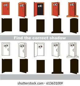 Funny Open Doorway Entrances set to find the correct shadow, the matching educational kid game to compare and connect objects and their true shadows, simple gaming level for preschool kids.