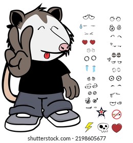 funny opossum character cartoon kawaii expressions set pack in vector format