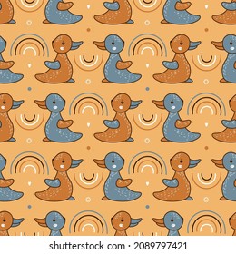 Funny optical illusion for kids with Cute bunny or duckling and rainbows. Baby seamless pattern. Rabbit or Duck Childish Background