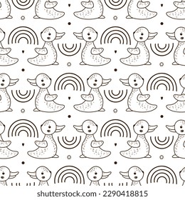 Funny optical illusion for kids with Cute bunny or duckling and rainbows. Baby seamless pattern. Rabbit or Duck Childish black and white Background.