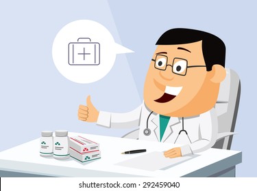 Funny Optimistic Experienced Doctor Sitting In Private Practice - Vector Simple Illustration.