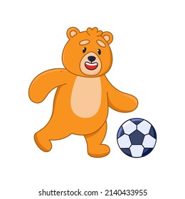 Funny orange bear cartoon character playing soccer sticker. Cute comic forest animal running with football ball flat vector illustration isolated on white background. Wildlife, emotions concept