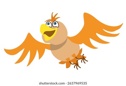 Funny orange bird flying happily, looking up. Cartoon vector illustration.