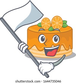 Funny orange cake cartoon character style holding a standing flag
