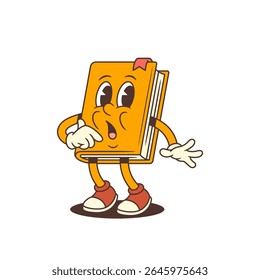 Funny orange cartoon book character standing with wide open mouth and scared facial expression. Bright emotional mascot ideal for educational or comic designs. Colorful vector illustration