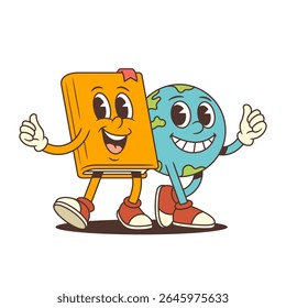 Engraçado laranja livro de desenhos animados mascote andando lado a lado com a Terra globo personagem, tanto sorrindo e fazendo ok gestos, simbolizando amizade, conhecimento e educação. Ilustração vetorial