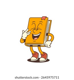 Funny orange cartoon book mascot laughing joyfully with closed eyes and hand covering mouth in adorable and expressive gesture. Perfect for cheerful educational design. Vector illustration