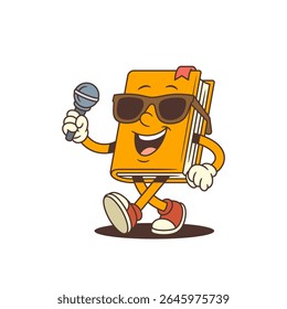 Funny orange cartoon book mascot wearing sunglasses walking with microphone in hand. Positive vibe, creative energy, comic appearance and cheerful gesture. Vector illustration