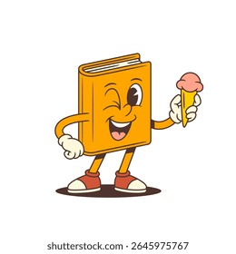 Funny orange cartoon book mascot character holding pink ice cream cone and winking with joyful expression. Playful concept for education and fun projects. Cute vector illustration