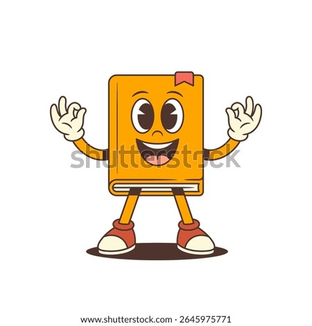 Funny orange cartoon book mascot character with red shoes and bookmark standing, smiling cheerfully, raising hands and making ok gesture. Colorful and engaging design for education