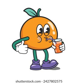 Funny orange cartoon character, drinking juice, thumb up. Orange mascot wearing glove and shoes. Groovy Retro cartoon characters for icon, mascot, logo, label, poster, banner, print, sticker, clip art