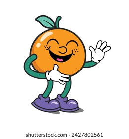 Funny orange cartoon character, Laughing expression. Orange mascot wearing glove and shoes. Groovy Retro cartoon characters for icon, mascot, logo, label, poster, banner, print, sticker, clip art