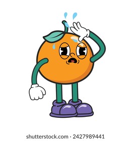 Personaje de dibujos animados naranja divertido, cansado, sediento, deshidratación. Mascota naranja con guante y zapatos. Caricatura retro de Groovy para el icono, mascota, logotipo, etiqueta, cartel, banner, impresión, clipart, etiqueta engomada