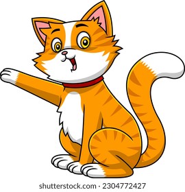 Funny Orange Cat Cartoon Character Gives Paw. Vector Hand Drawn Illustration Isolated On Transparent Background
