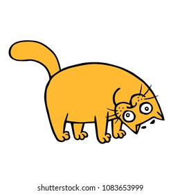 Funny orange cat playing and tilted his head. Vector illustration. Cute cartoon pet