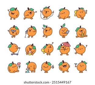 Funny orange character. Cheerful cartoon fruit. Hand drawn style. Vector drawing. Collection of design elements.
