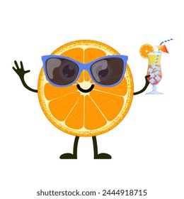 Funny orange character with human face and cocktail glass having fun at party. Colorful summer design. Vector illustration in flat style