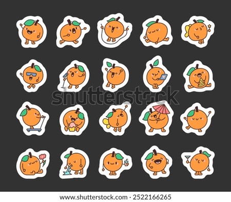 Funny orange character. Sticker Bookmark. Cheerful cartoon fruit. Hand drawn style. Vector drawing. Collection of design elements.