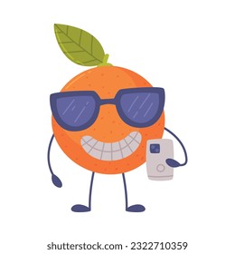 Funny Orange Character in Sunglasses Holding Smartphone Vector Illustration