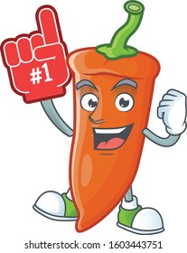 Funny orange chili mascot cartoon style with Foam finger