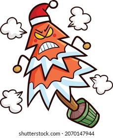 Gracioso personaje de pino con navidad naranja enfureciéndose