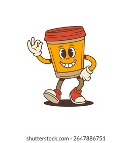 Mascote de xícara de café laranja engraçado com tampa vermelha e tênis sorrindo brilhantemente ao mostrar gesto OK mão, de pé confiantemente no fundo branco, ilustração vetorial
