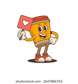 Funny orange coffee cup mascot with red lid showing a red sign with heart symbol. Suitable for social media, branding, stickers, apps and marketing. Vector illustration
