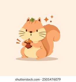 Funny orange cute squirrel holding nut. Cartoon forest animal flat isolated illustration. 