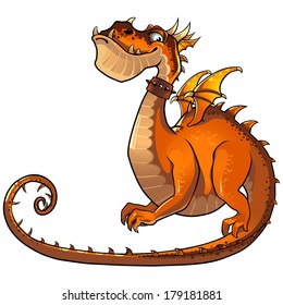 Funny orange dragon cartoon character on white background