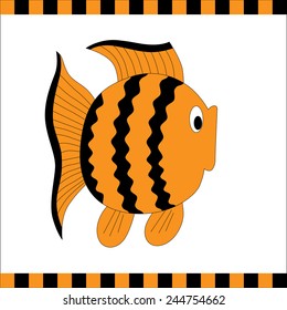 Funny orange fish with black stripes. Vector illustration