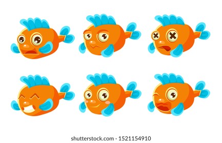 Funny Orange Fish with Different Emotions Set, Cute Sea Creature Cartoon Character Vector Illustration
