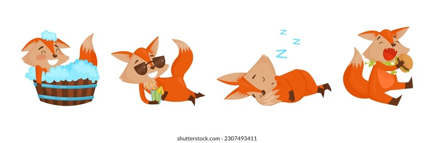 Funny Orange Fox Engaged in Different Activities Vector Set