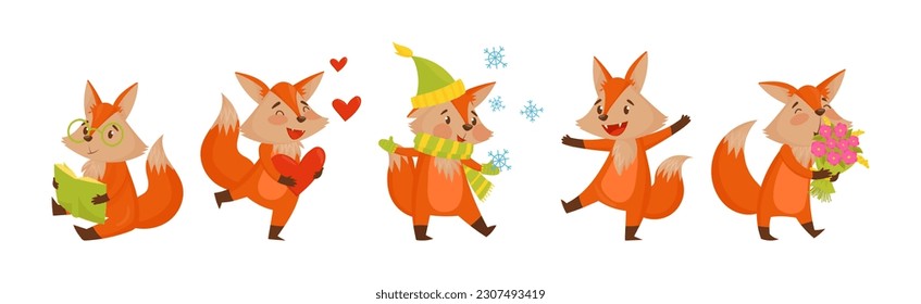 Funny Orange Fox Engaged in Different Activities Vector Set