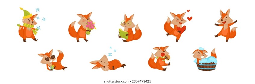 Funny Orange Fox Engaged in Different Activities Vector Set