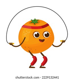 Funny orange fruit character doing yoga. Kawaii comic fruit having workout. Cartoon vector illustration. Food, body wellness, gym sport concept