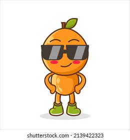 Funny orange fruit character in glasses. cartoon vector illustration isolated on white background. Cartoon orange fruit character. Orange Vector Illustration Character Wearing Glasses. Summer theme.