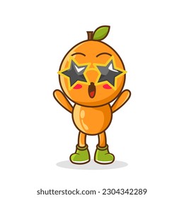 Funny orange fruit character in star-shaped glasses having fun at party, cartoon vector illustration isolated on white background. Cartoon orange fruit character, party mascot