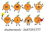 Funny Orange Fruit Characters with Emotions – Cartoon Citrus Icons Set for Kids, Education, Emoji, and Healthy Food Concepts