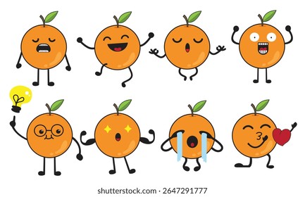 Engraçado Orange Fruit Characters com Emoções - Citrus ícones de desenhos animados Set para crianças, educação, Emoji e conceitos de alimentos saudáveis