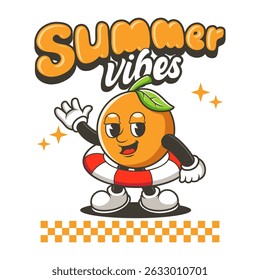 Funny Orange Fruit Mascot with Lifebuoy and Summer Vibes Text – Cute Cartoon Summer Character Illustration