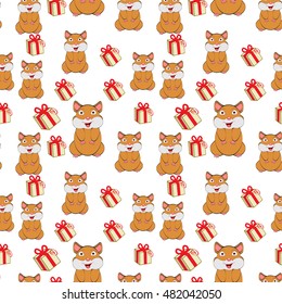 Funny orange hamster with boxes of gifts.